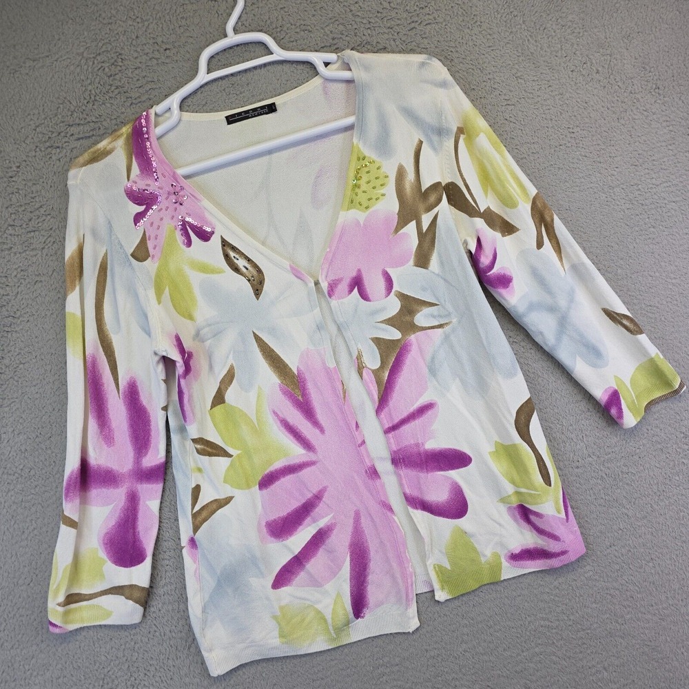 Pierri Cardigan Womens L Floral Sequin Beaded Fairy Colorful‎ Sweater Stretch
